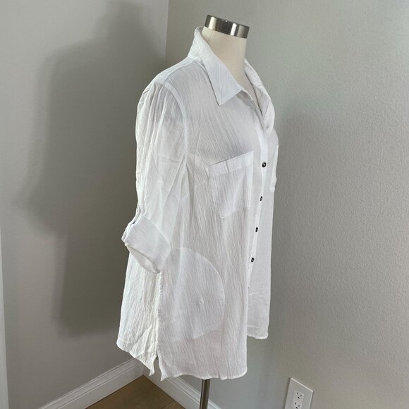 Coldwater Creek Womens Petite Large White Button Up Shirt Roll Tab Sleeve Pocket - Picture 3 of 11